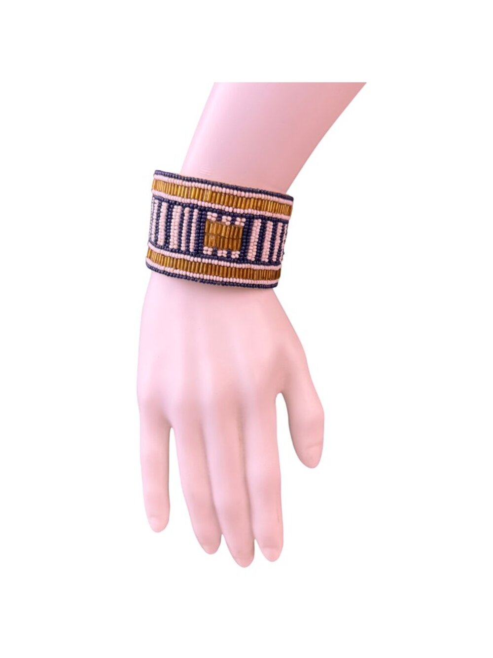 Southwest-Inspired Beaded Womens Blue/Gold Cuff Bracelet Geometric Pattern